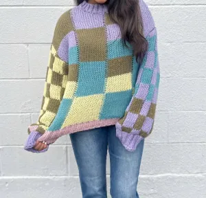 Angel Girl Color Block Checkered Sweater In Lilac/olive/denim
