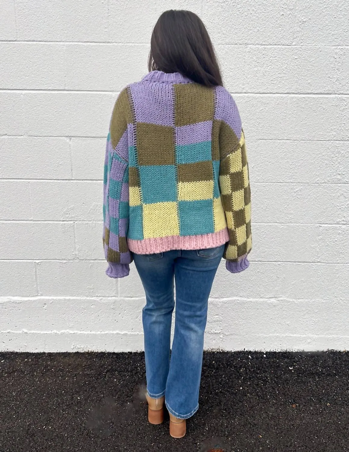 Angel Girl Color Block Checkered Sweater In Lilac/olive/denim