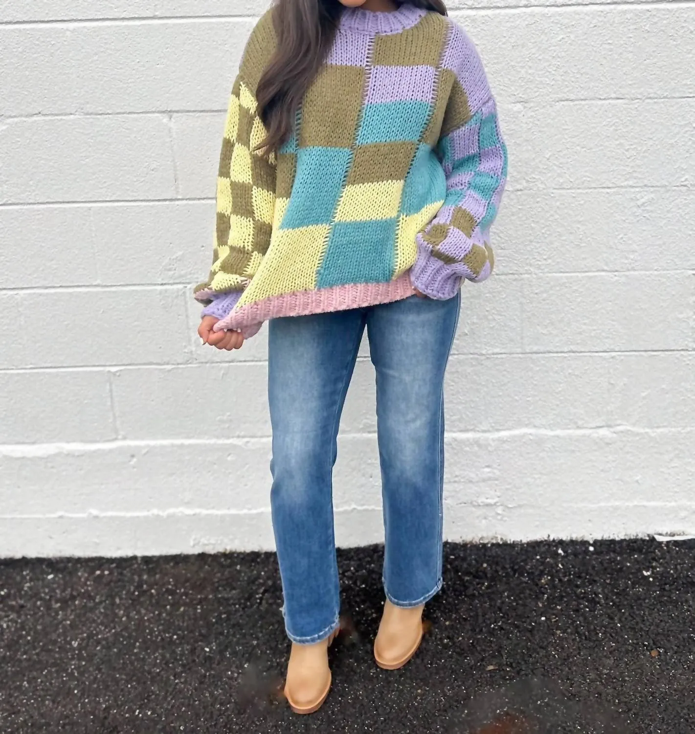 Angel Girl Color Block Checkered Sweater In Lilac/olive/denim