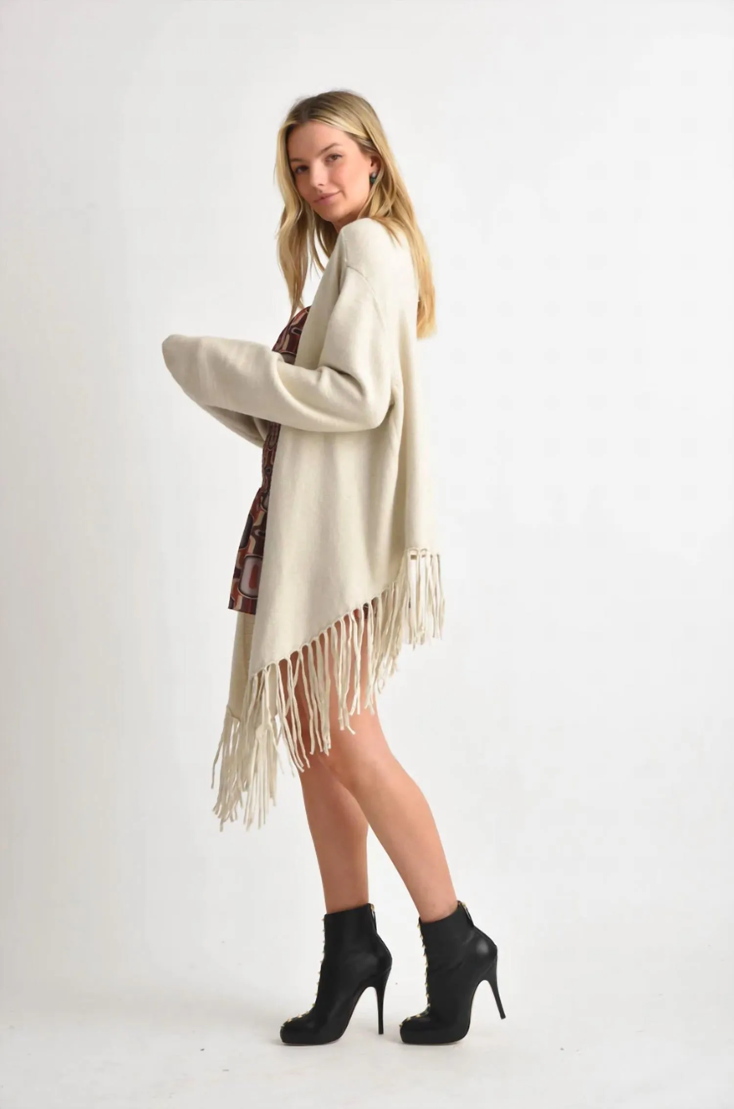 Angel Long Sleeve Cardigan With Fringe Hem In Beige