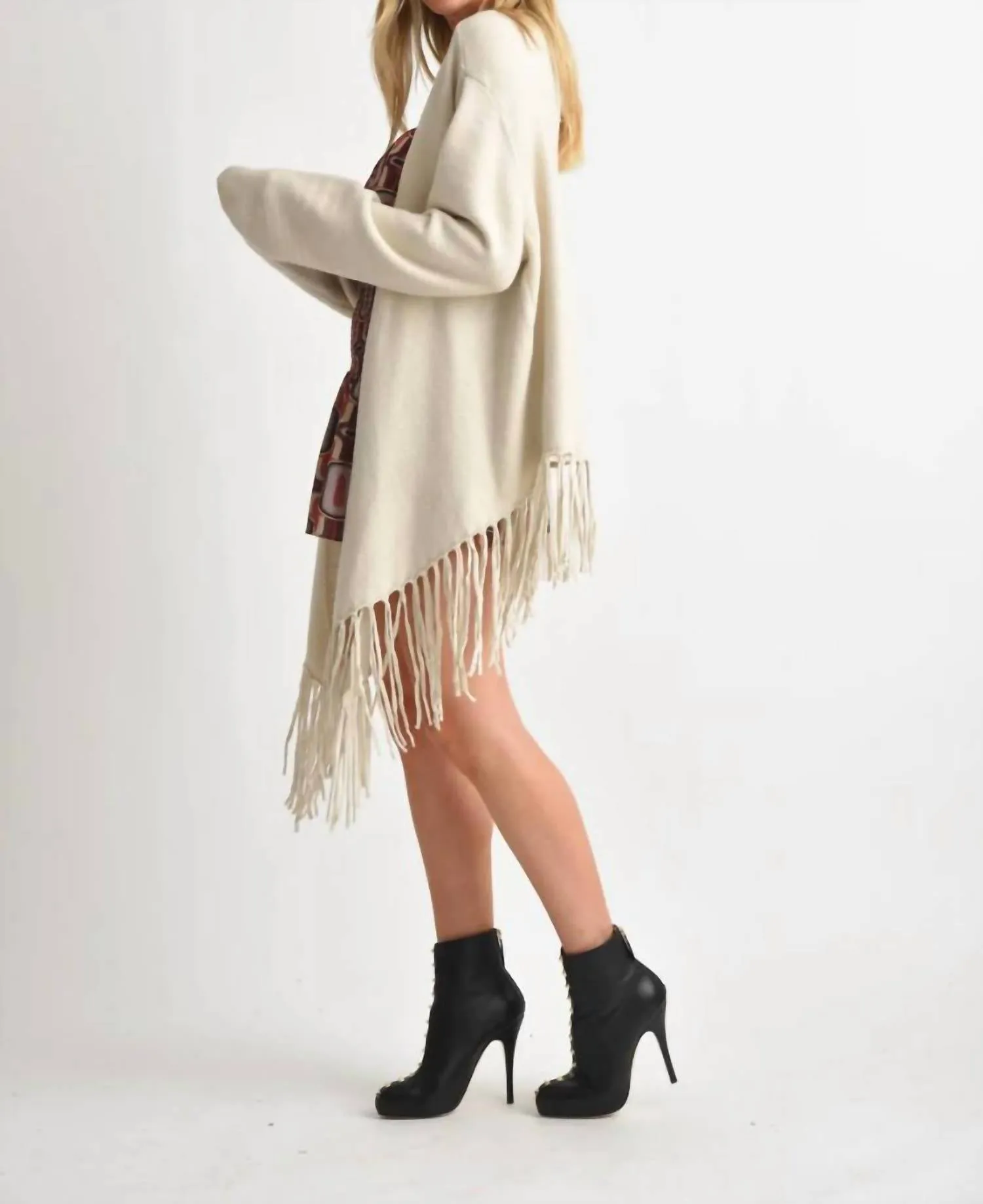 Angel Long Sleeve Cardigan With Fringe Hem In Beige