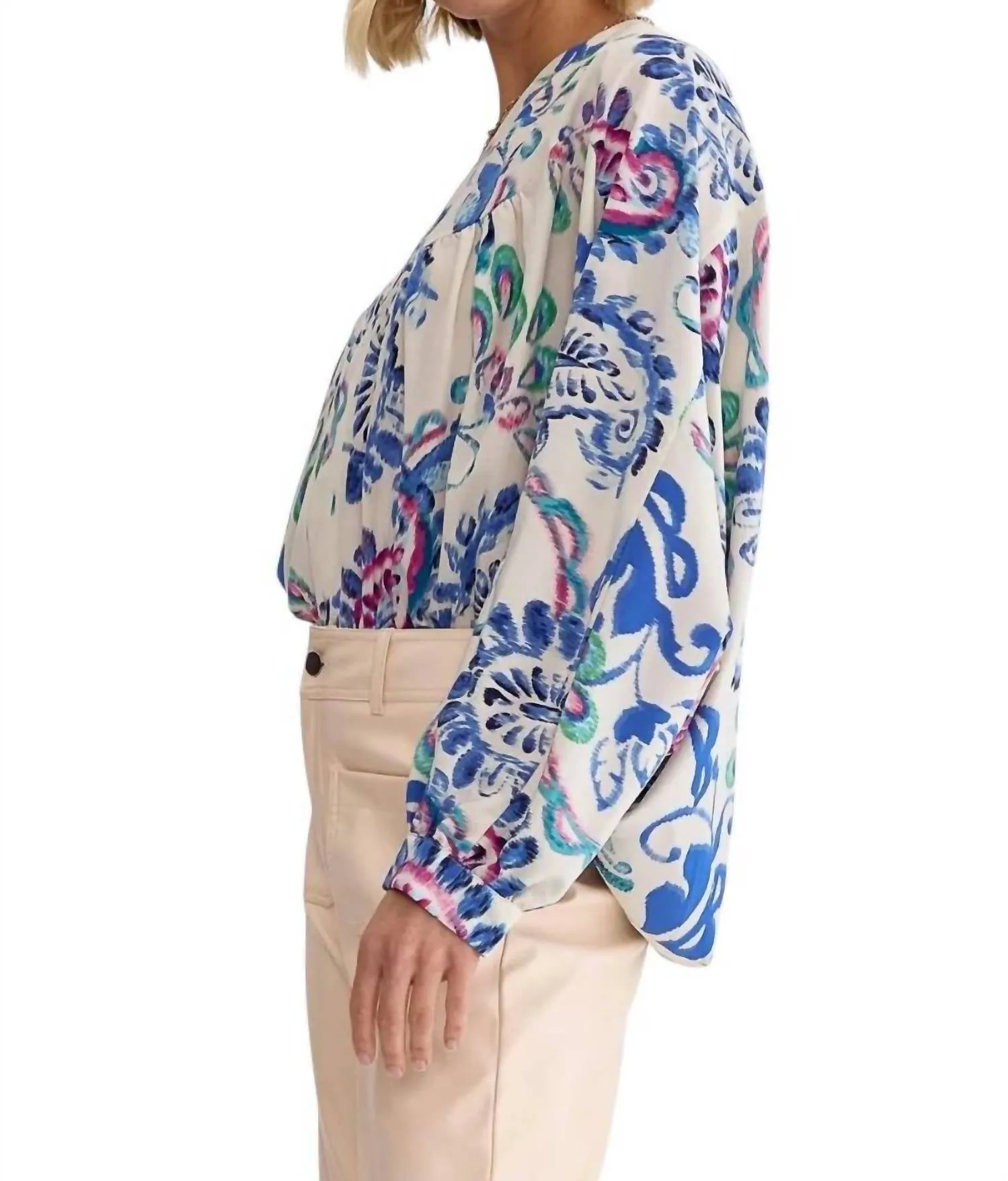 Ansley Draped Back Bodysuit In Blue Multi