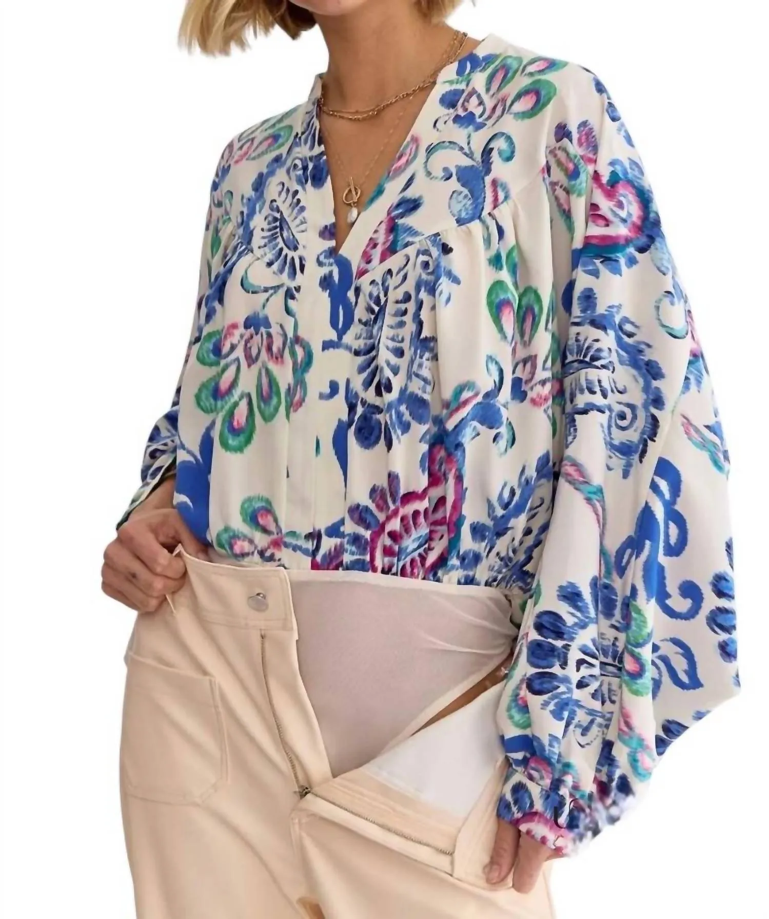 Ansley Draped Back Bodysuit In Blue Multi