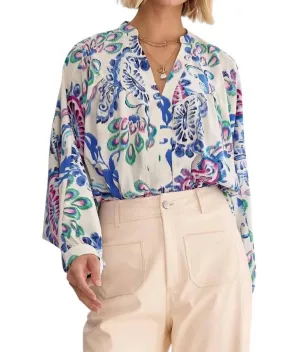 Ansley Draped Back Bodysuit In Blue Multi