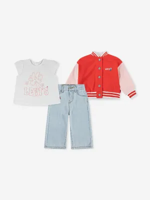 Baby Girls Bomber, T-Shirt and Wide Pants Set in Red