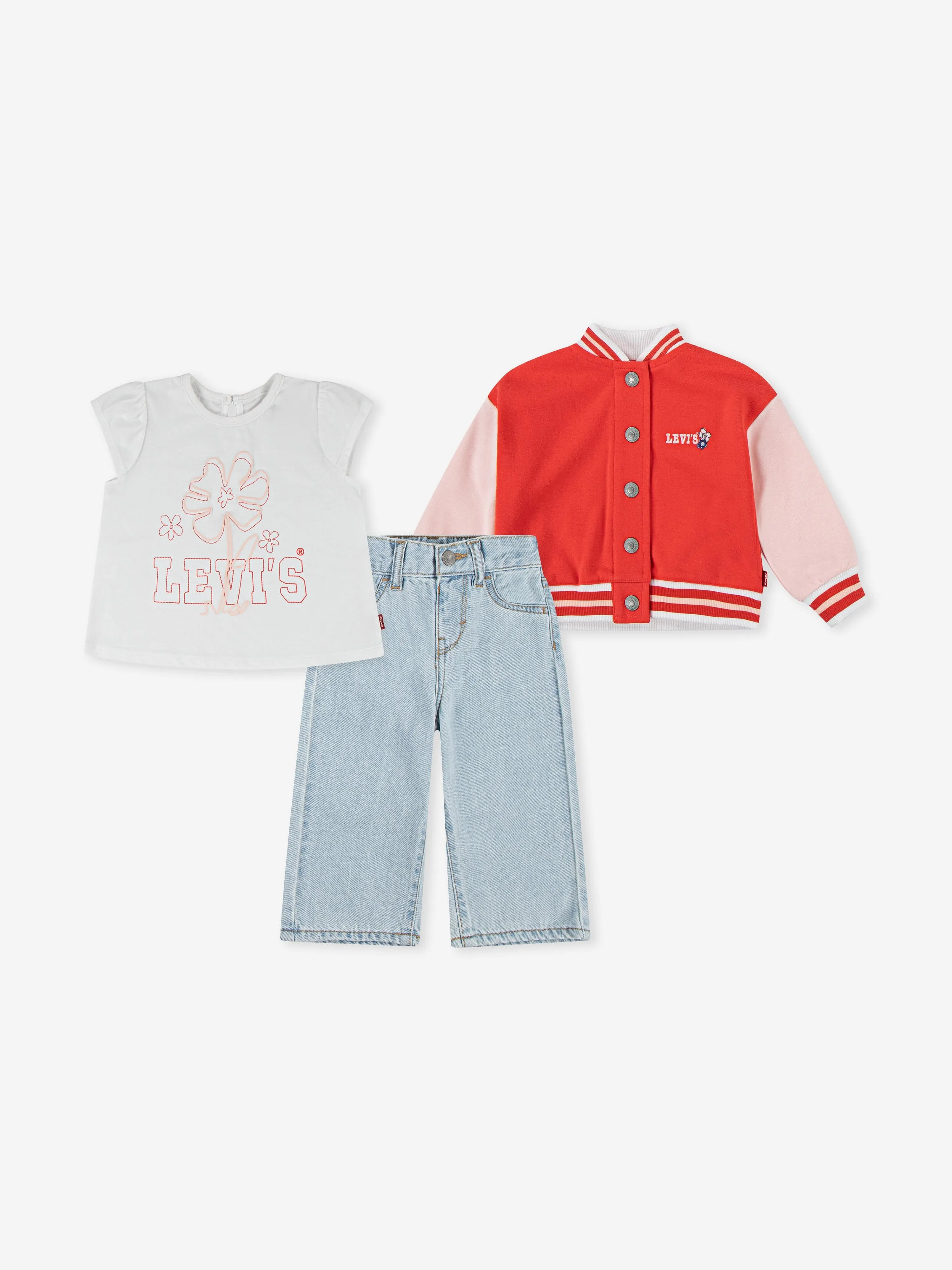 Baby Girls Bomber, T-Shirt and Wide Pants Set in Red