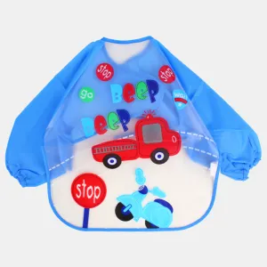 Baby Long-Sleeved Bib – Blue with Red Car “Beep” Design