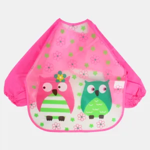 Baby Long-Sleeved Bib – Pink with Owl Design