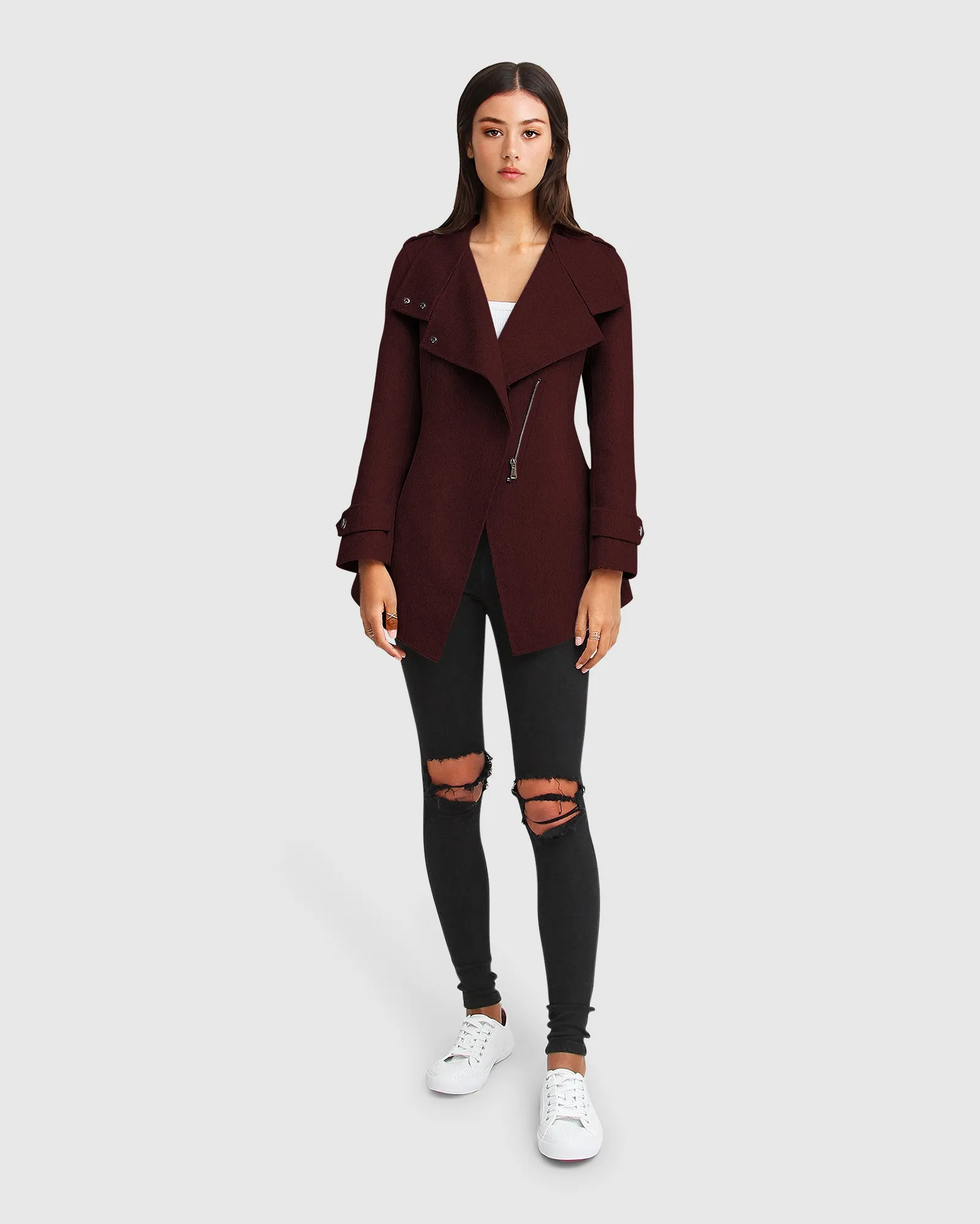 Bad Girl Wool Blend Moto Coat - Burgundy