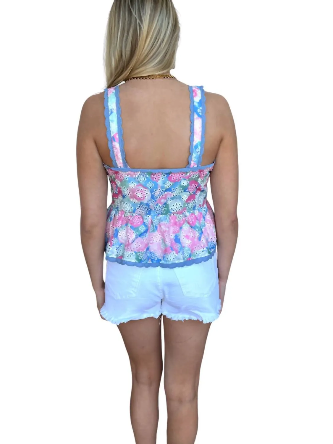 Baine Embroidered Button Up Top In Blue/pink