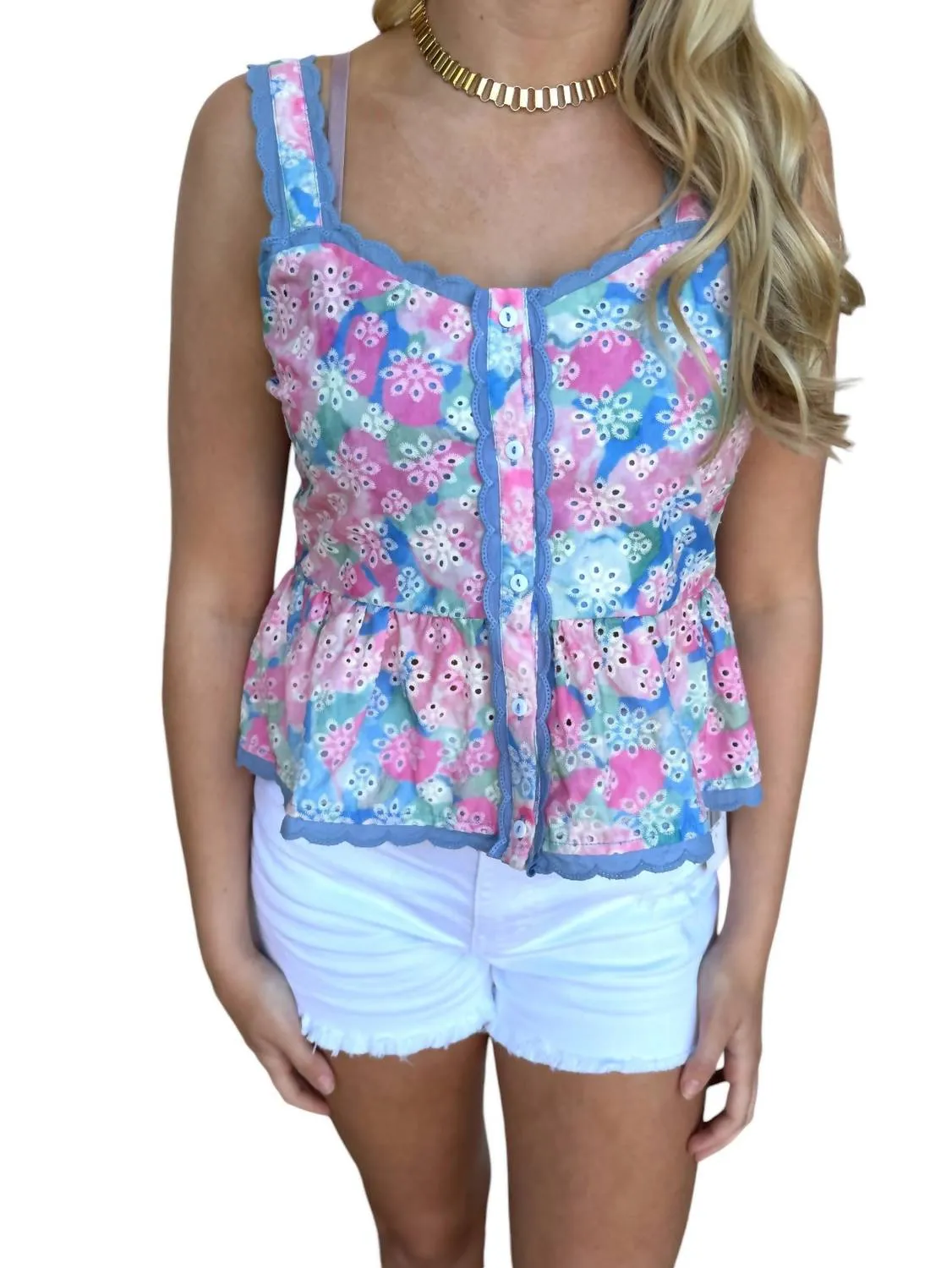 Baine Embroidered Button Up Top In Blue/pink