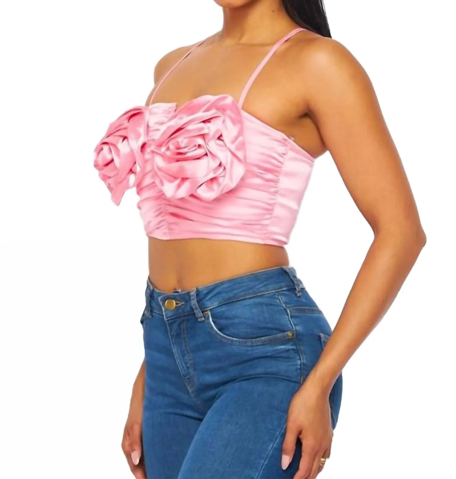 Cabbage Roses Satin Crop Top In Pink