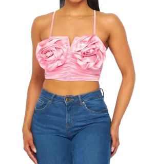 Cabbage Roses Satin Crop Top In Pink