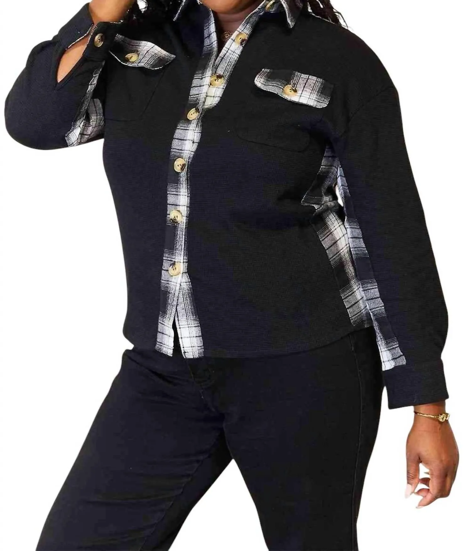 Chic Plaid Drop Shoulder Jacket In Black