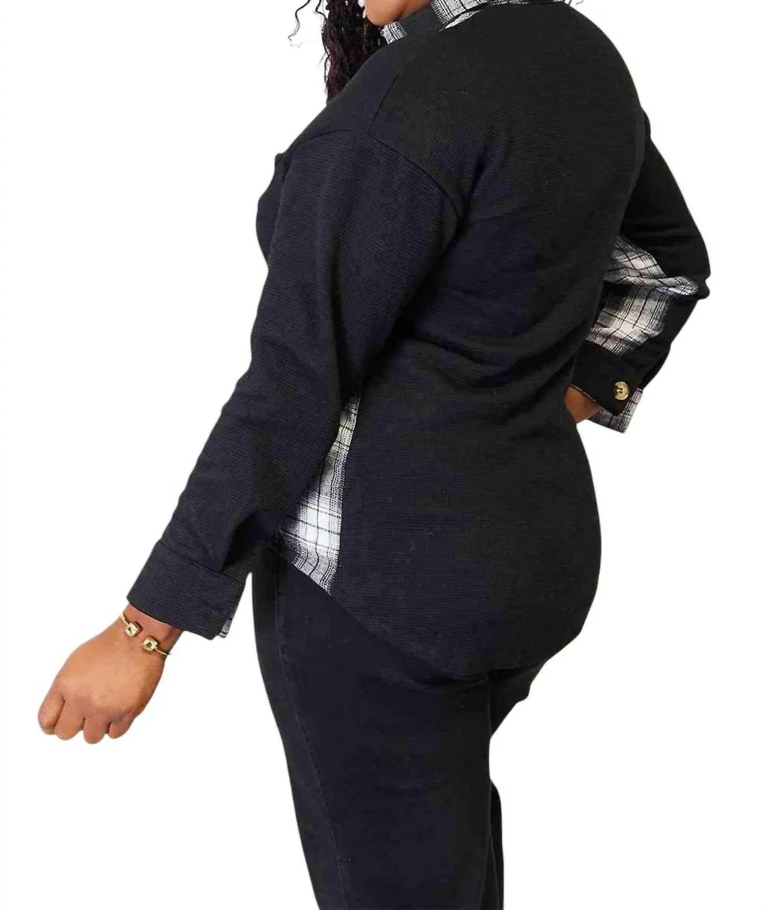 Chic Plaid Drop Shoulder Jacket In Black