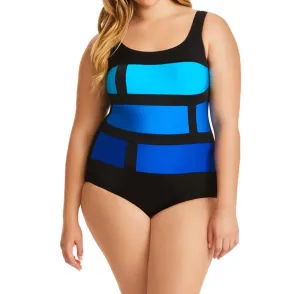 Color Block One Piece Swimsuit - Plus In Stained Glass Blue