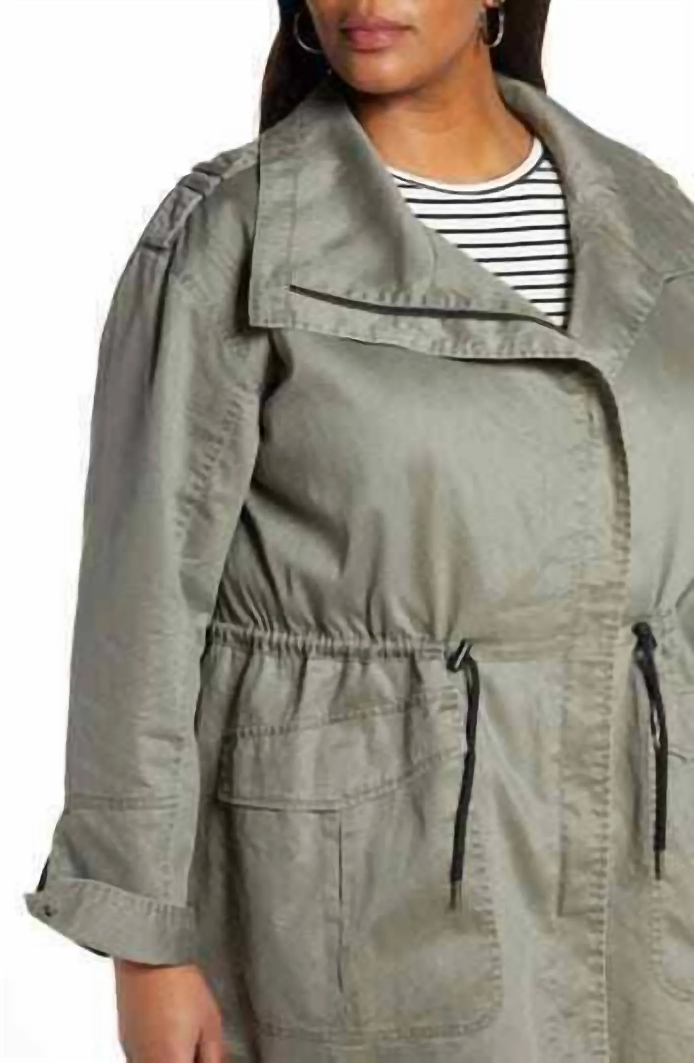 Drawstring Waist Washed Cotton Parka Jacket In Green