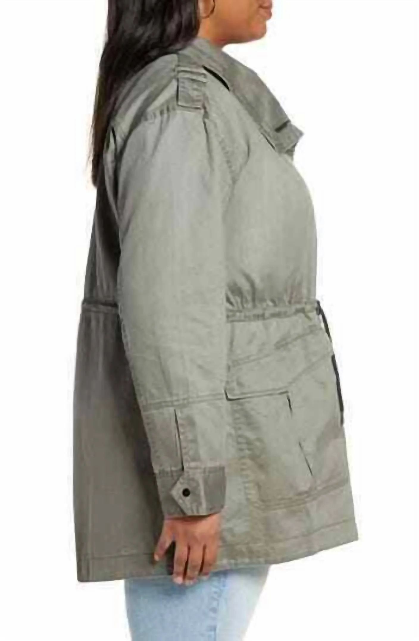 Drawstring Waist Washed Cotton Parka Jacket In Green