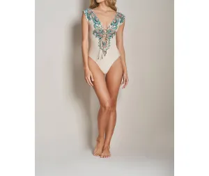 Eclectic Vibes Embroidered Plunge One Piece In Green Water