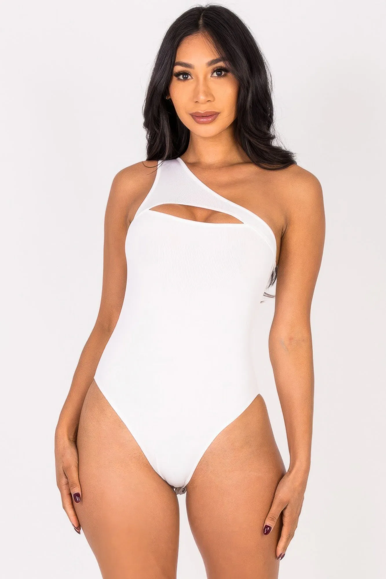 FASHNZFAB Women's Ribbed Knit Cut Out One Shoulder Bodysuit