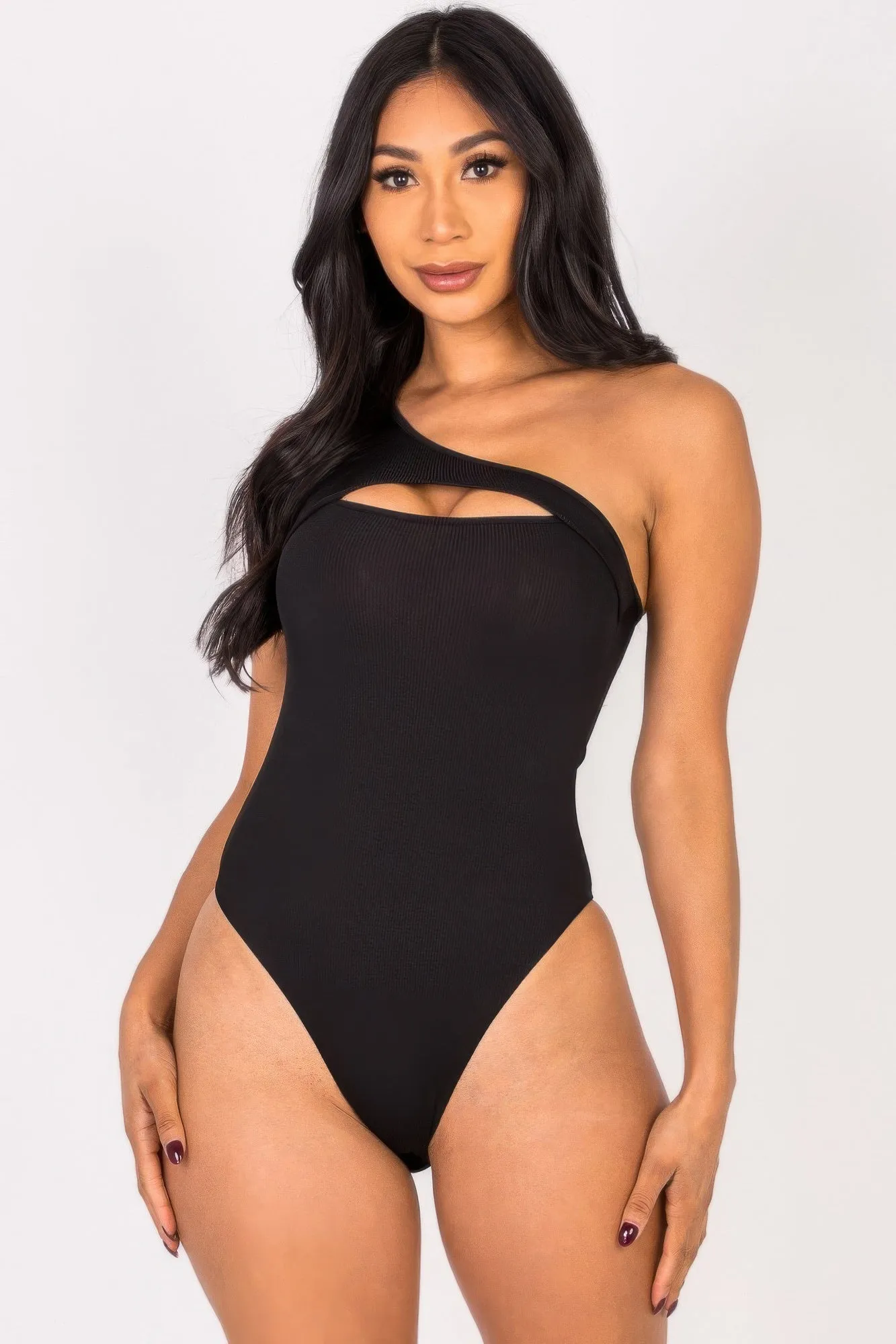 FASHNZFAB Women's Ribbed Knit Cut Out One Shoulder Bodysuit