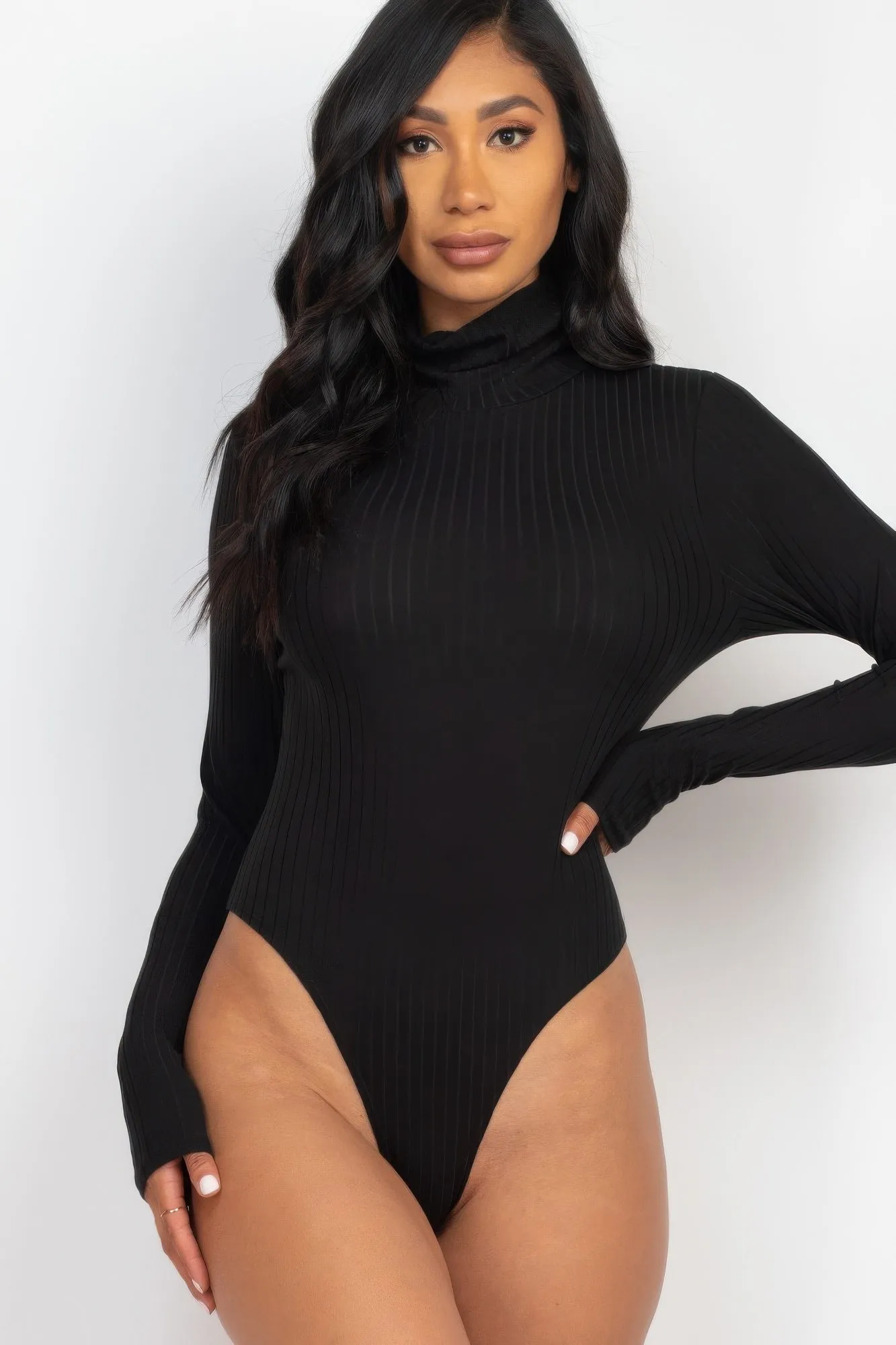 FASHNZFAB Women's Ribbed Turtle Neck Long Sleeve Bodysuit
