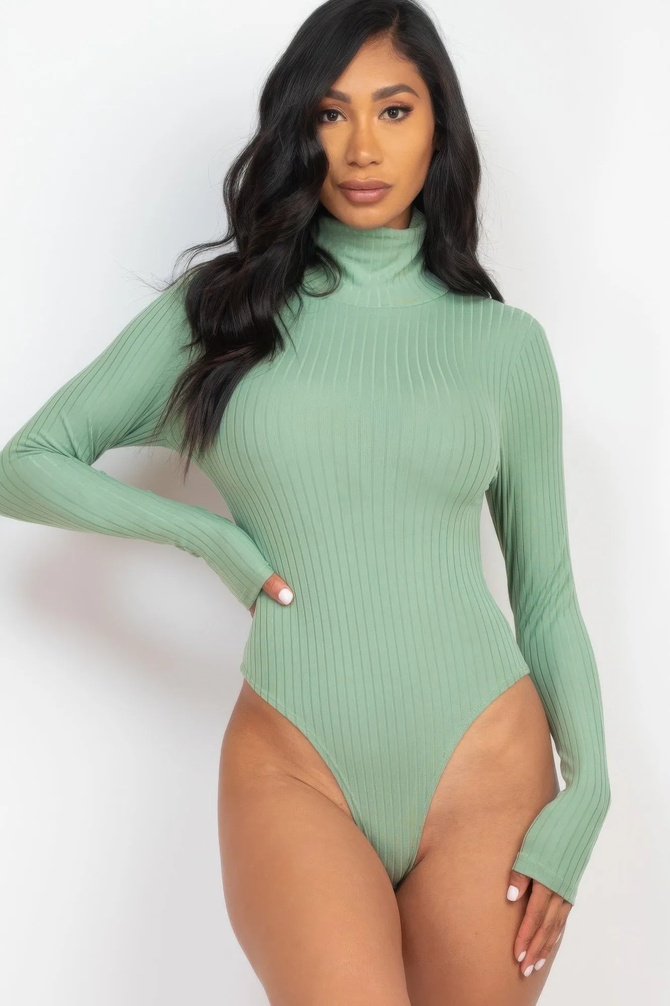 FASHNZFAB Women's Ribbed Turtle Neck Long Sleeve Bodysuit