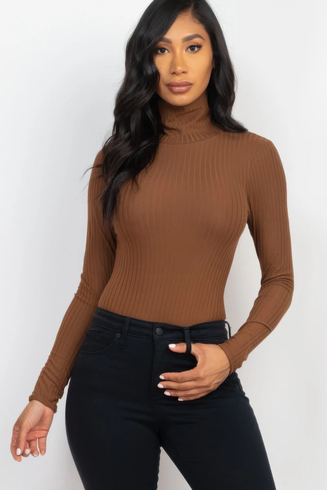FASHNZFAB Women's Ribbed Turtle Neck Long Sleeve Bodysuit