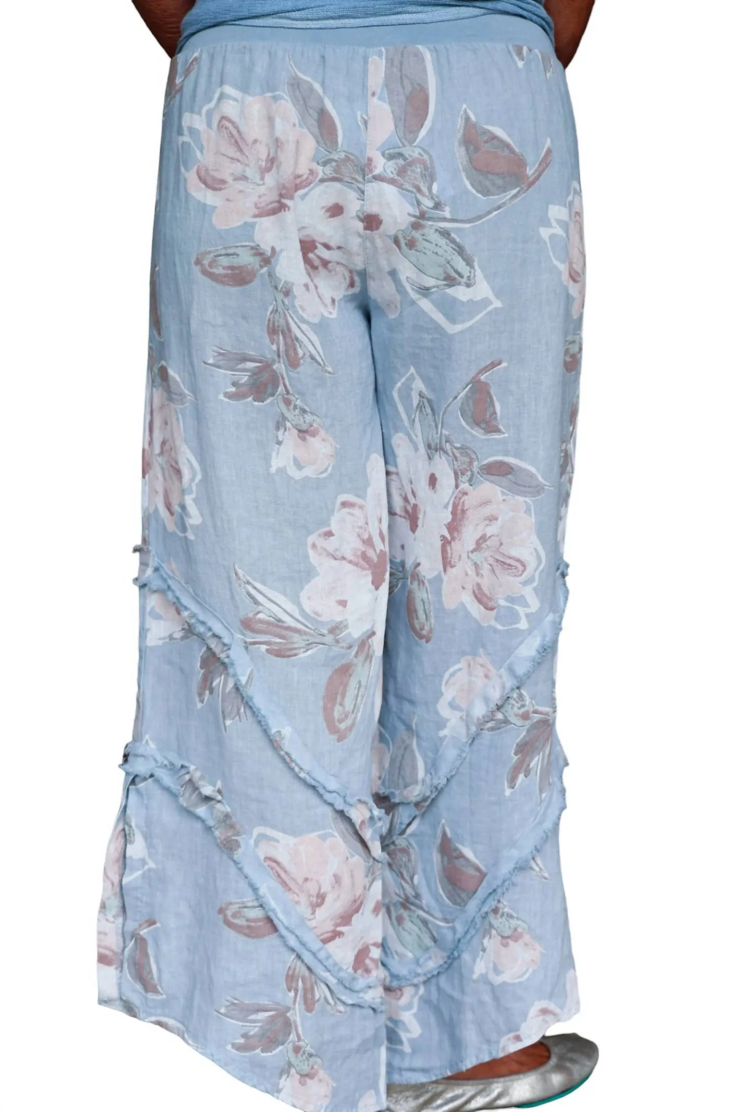 Floral Linen Pants With Ruffle Detailed Leg In Dusty Blue
