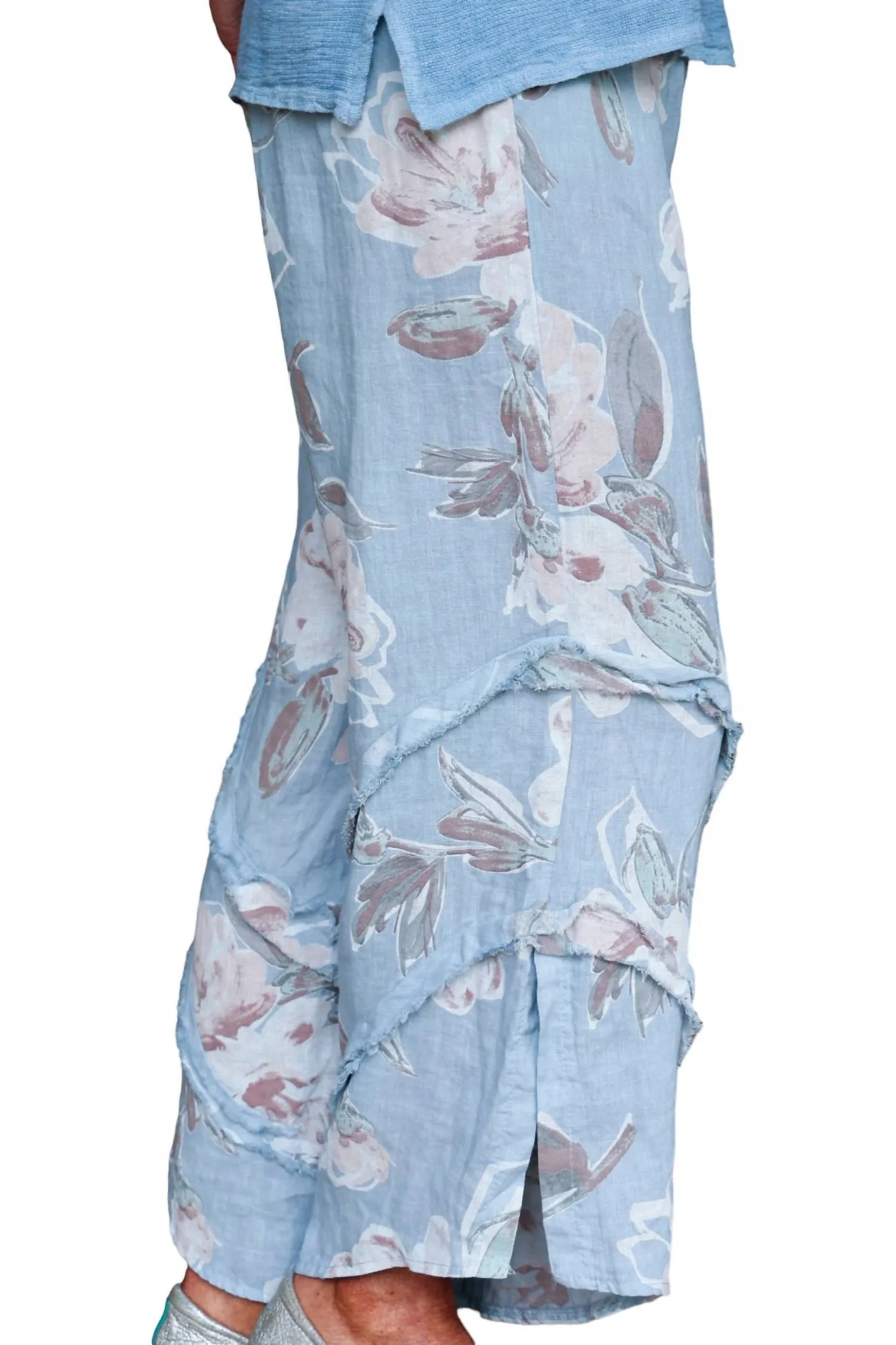 Floral Linen Pants With Ruffle Detailed Leg In Dusty Blue