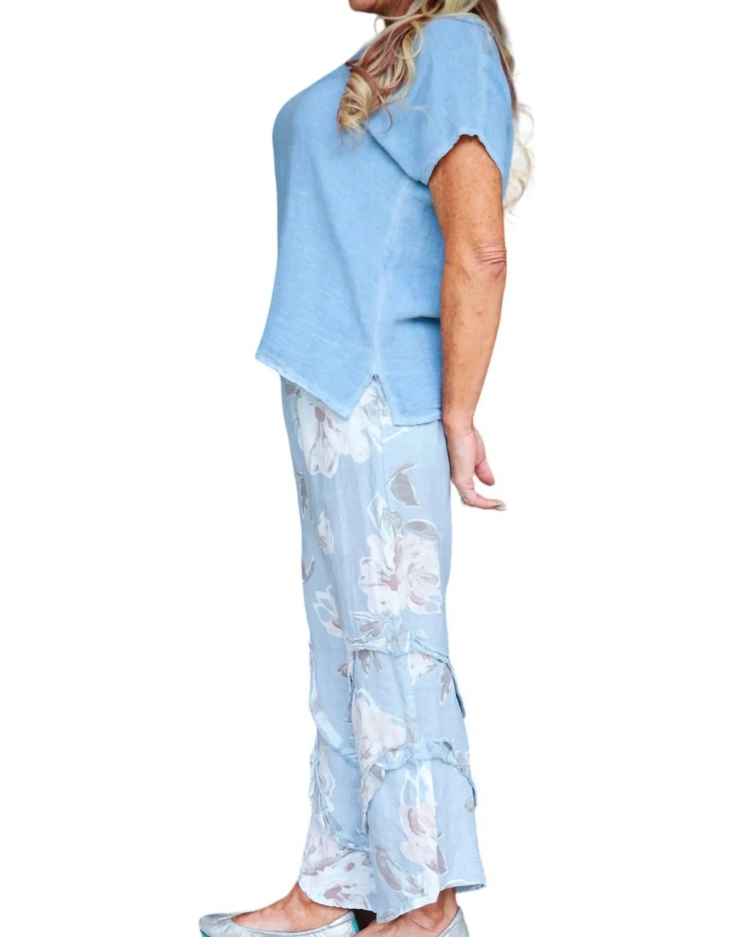 Floral Linen Pants With Ruffle Detailed Leg In Dusty Blue