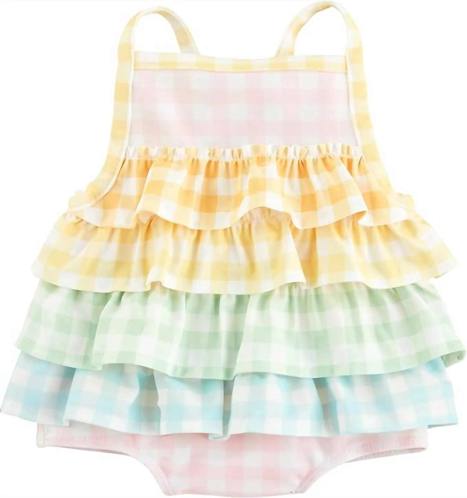 Gingham Ruffle One Piece Set In Yellow Multi