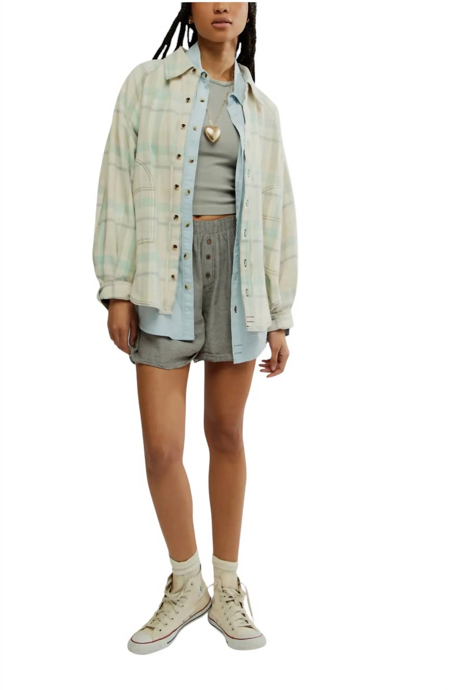 Girl Meets Boy Plaid Shirt In Tea Combo