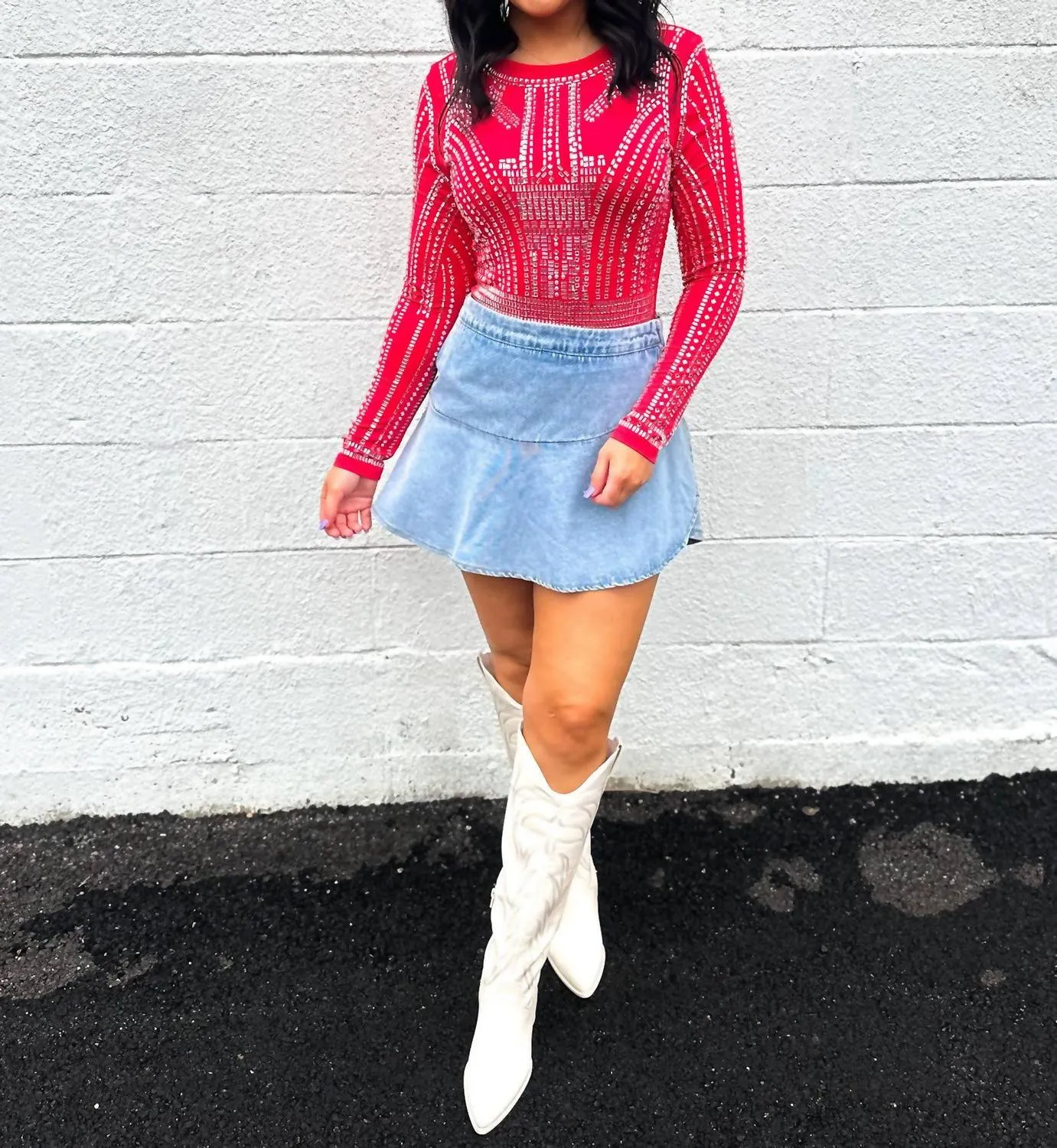 Guilty As Sin Jewel Embellished Bodysuit In Red