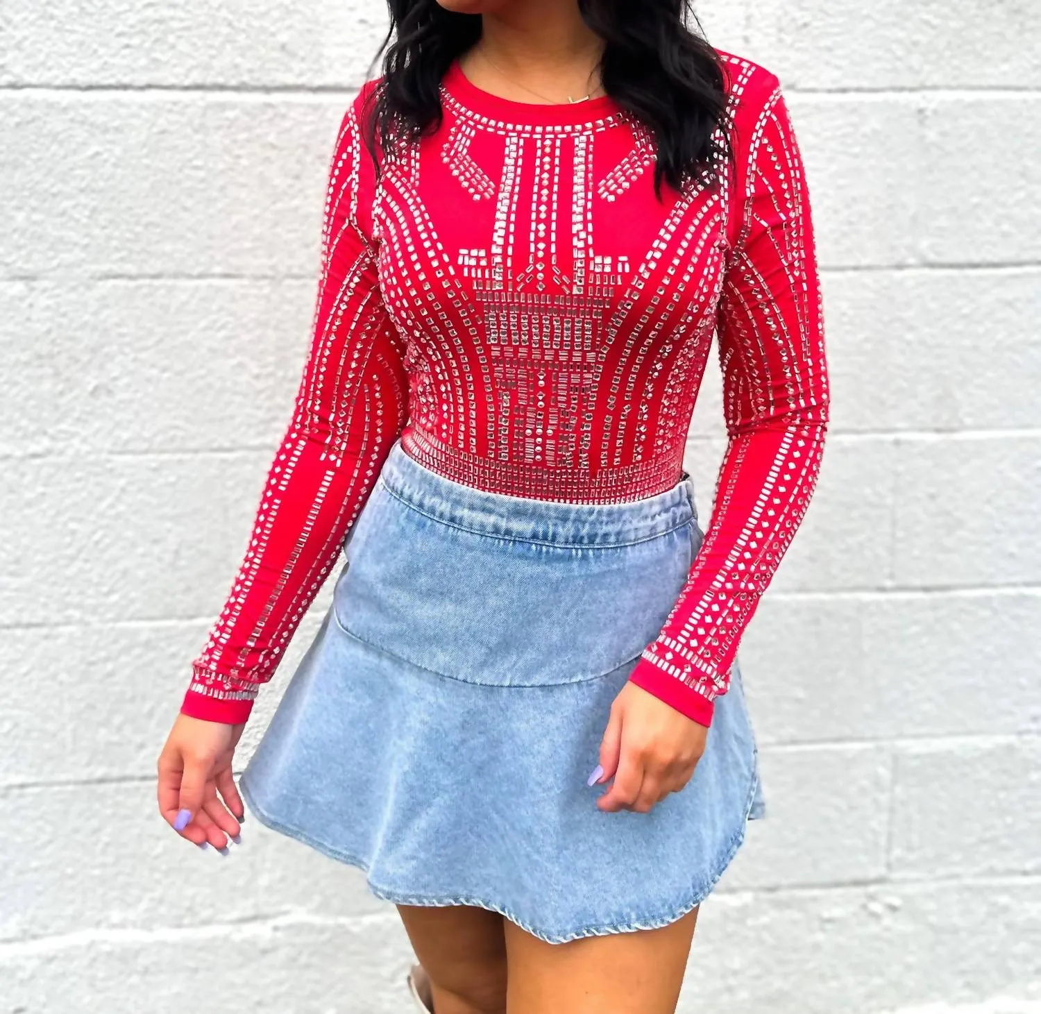 Guilty As Sin Jewel Embellished Bodysuit In Red
