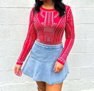 Guilty As Sin Jewel Embellished Bodysuit In Red