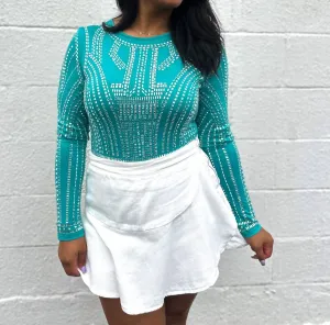 Guilty As Sin Jewel Embellished Bodysuit In Turquoise