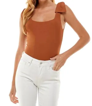 Haley Bow Shoulder Bodysuit In Camel