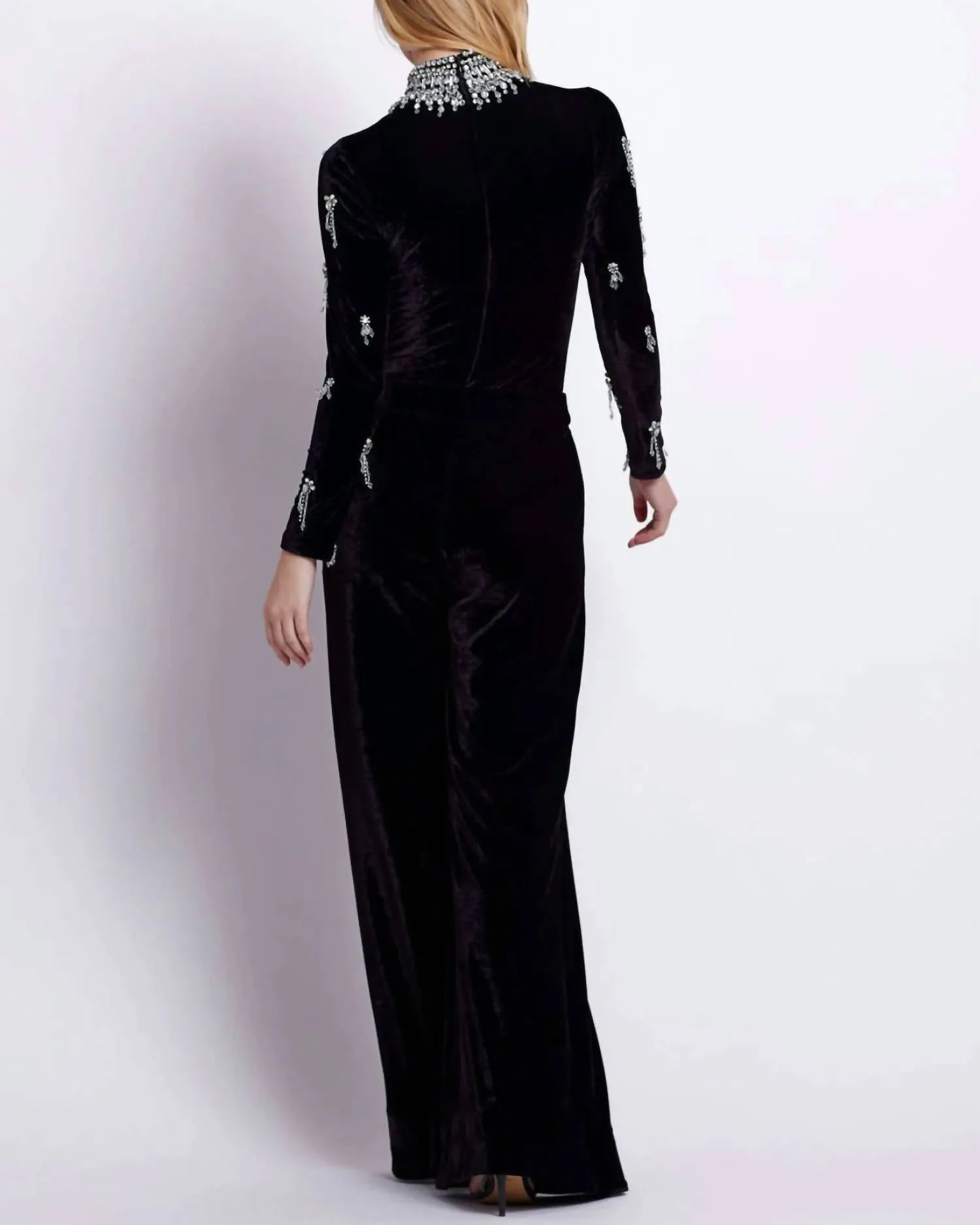 Hand Beaded Velvet Bodysuit In Black