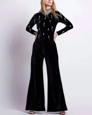 Hand Beaded Velvet Bodysuit In Black