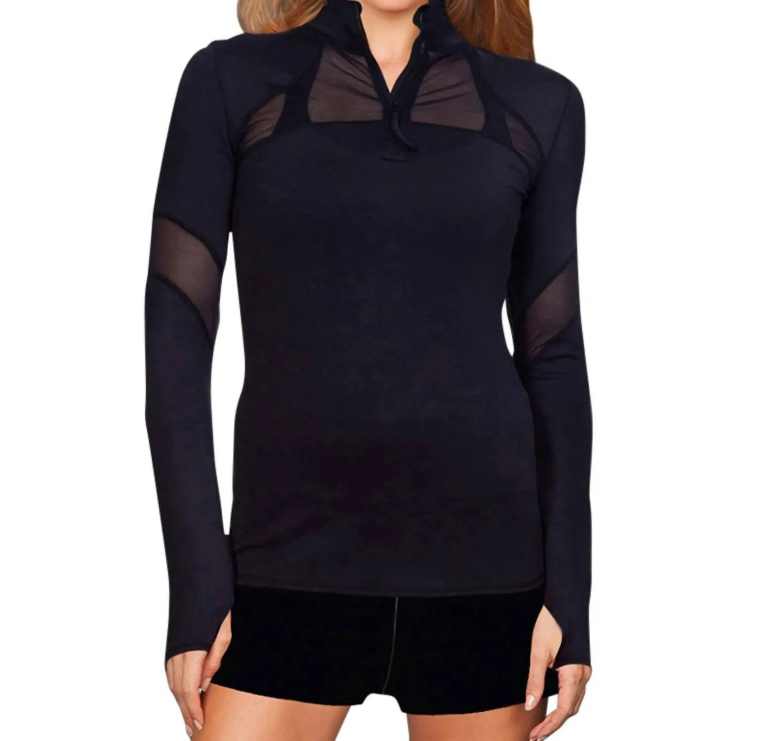 Headline Mesh Panel Route Long Sleeve Top In Black