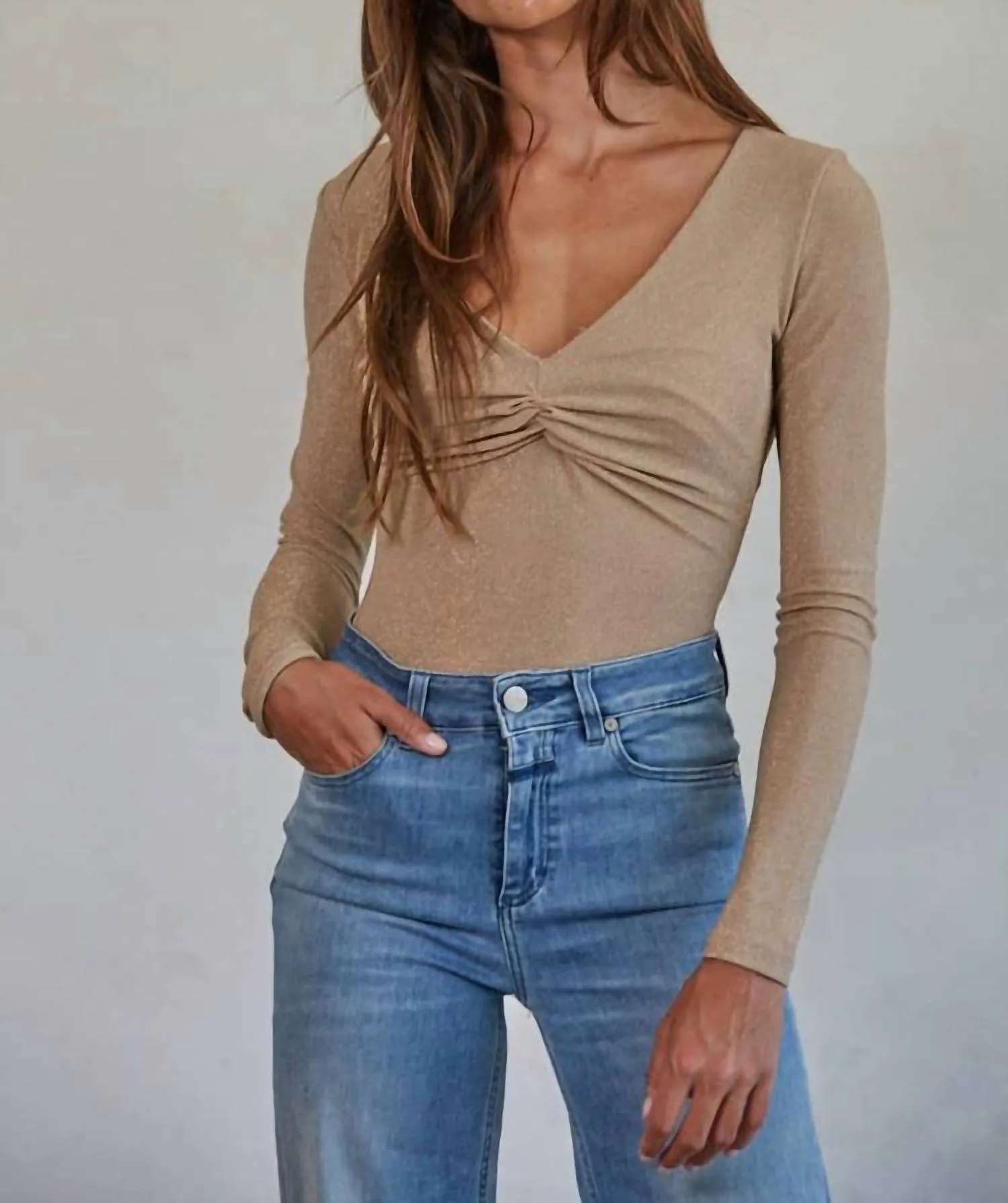 Knit Lurex Front Twist Bodysuit In Camel Gold