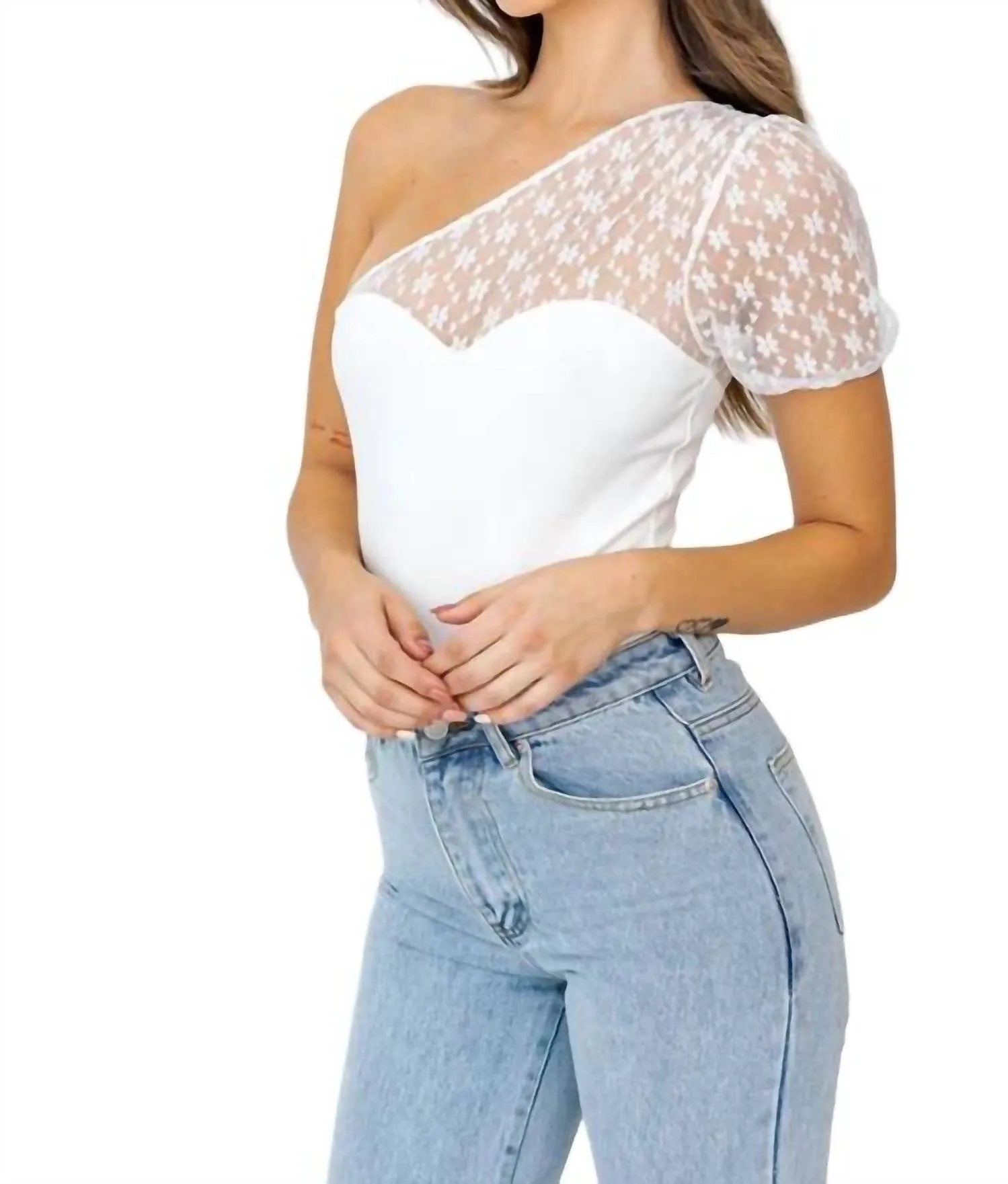 Lacey Shoulder Bodysuit In Cream