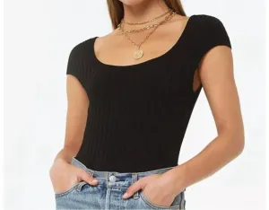 Livy Ribbed Cap Sleeve Bodysuit In Black