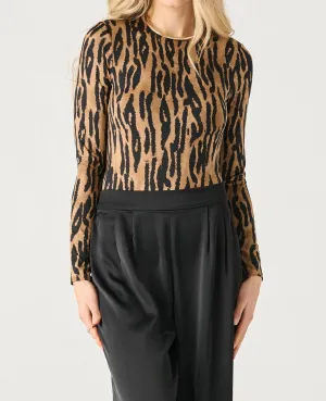 Long Sleeve Crewneck Bodysuit In Black/brown Animal Print