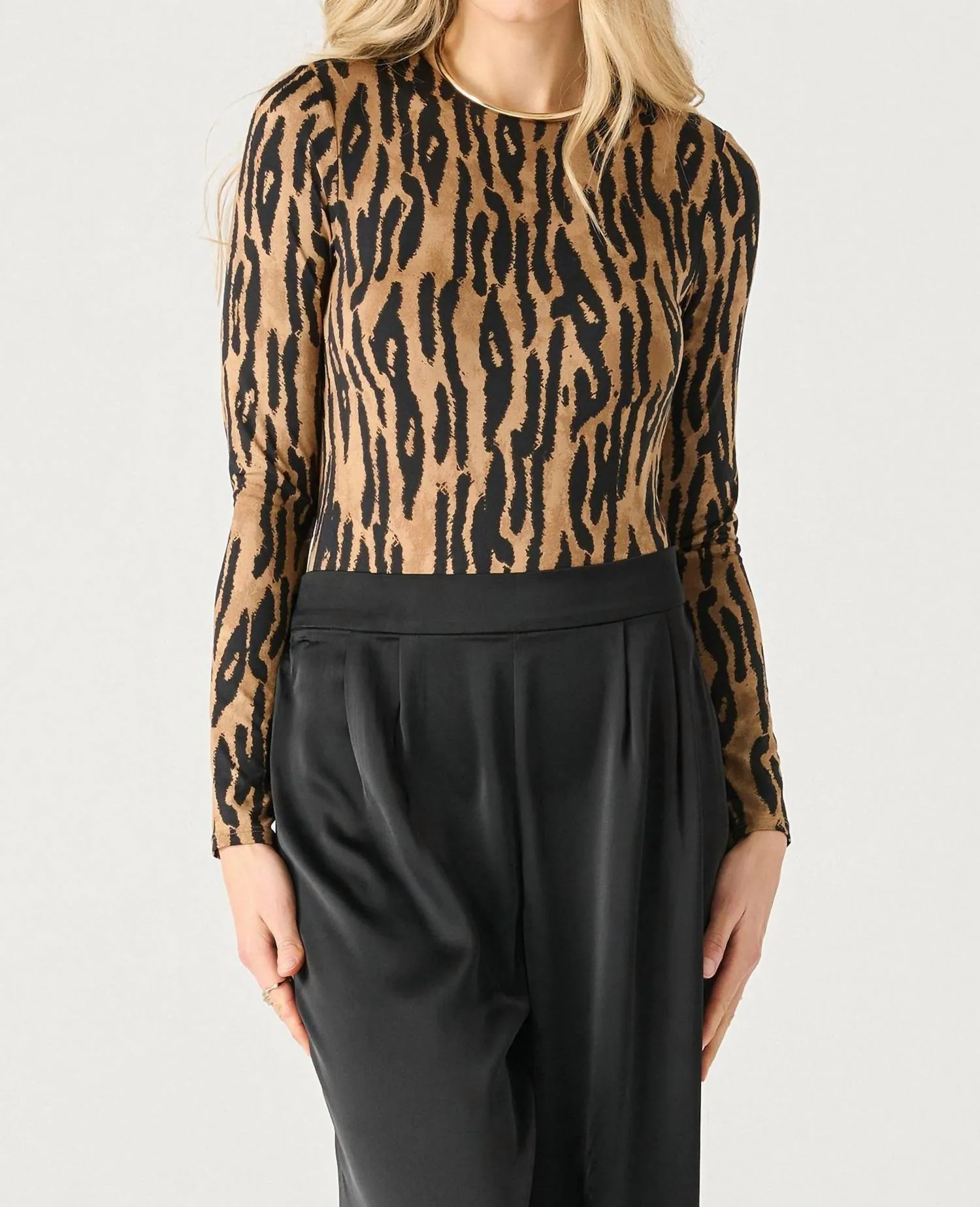 Long Sleeve Crewneck Bodysuit In Black/brown Animal Print