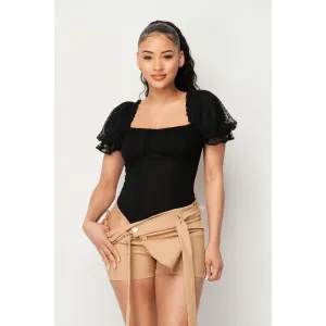 Luxe Polkadot Stretch Mesh Puff Sleeve Bodysuit