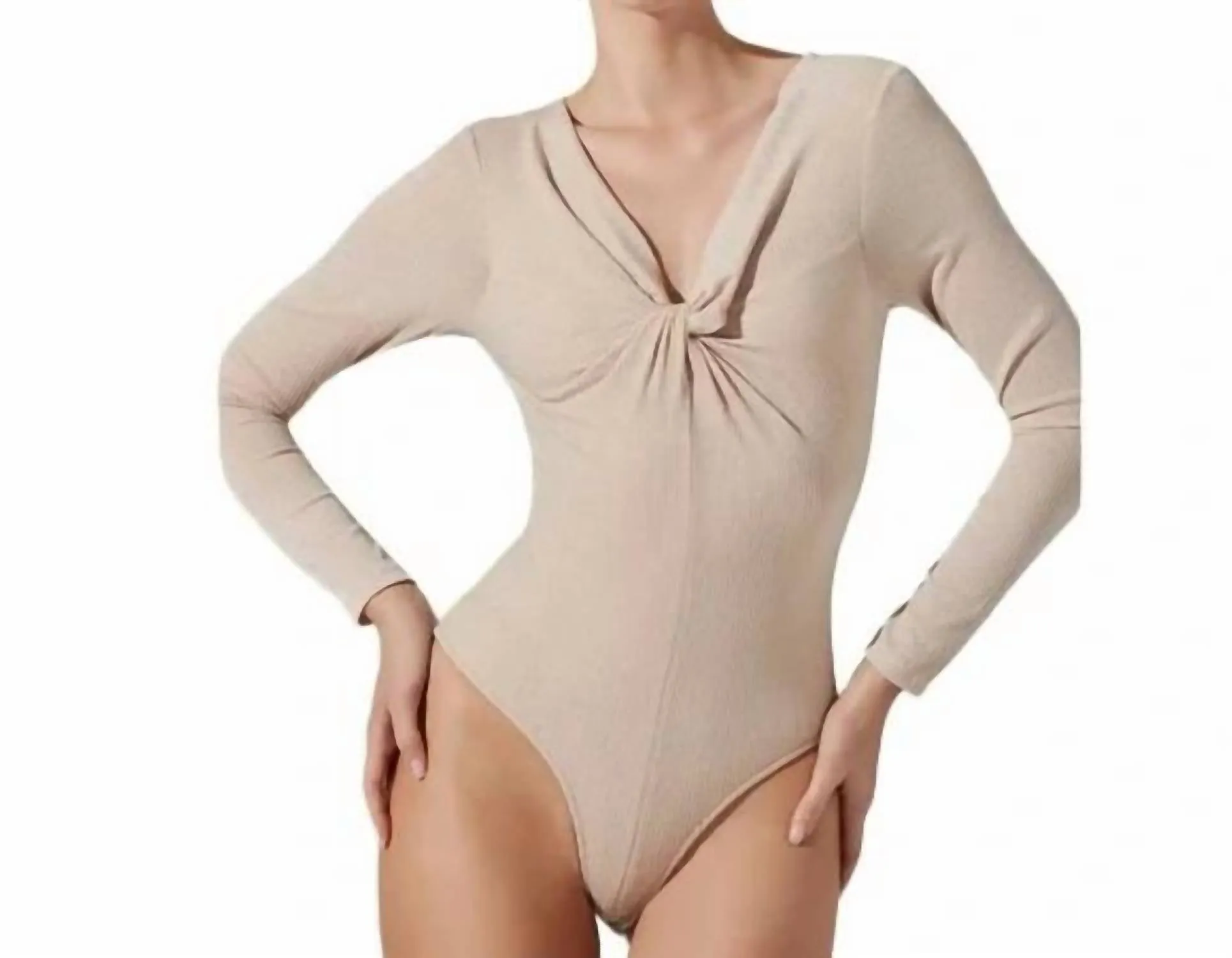 Metallic Twist Front Bodysuit In Cream Metallic
