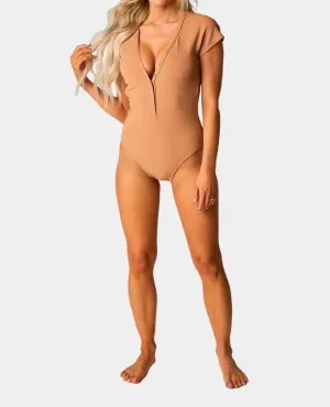 Mona Short Sleeve One-Piece Swimsuit In Tan