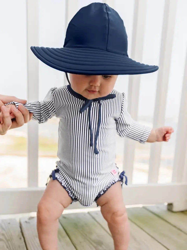 Navy Blue Seersucker Swim Hat UPF 50 